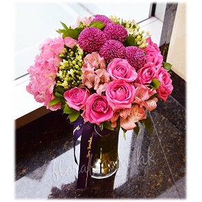 A43   玻璃樽裝花 - 粉紅色玫瑰 小百合 荷蘭十字花 玻璃花樽